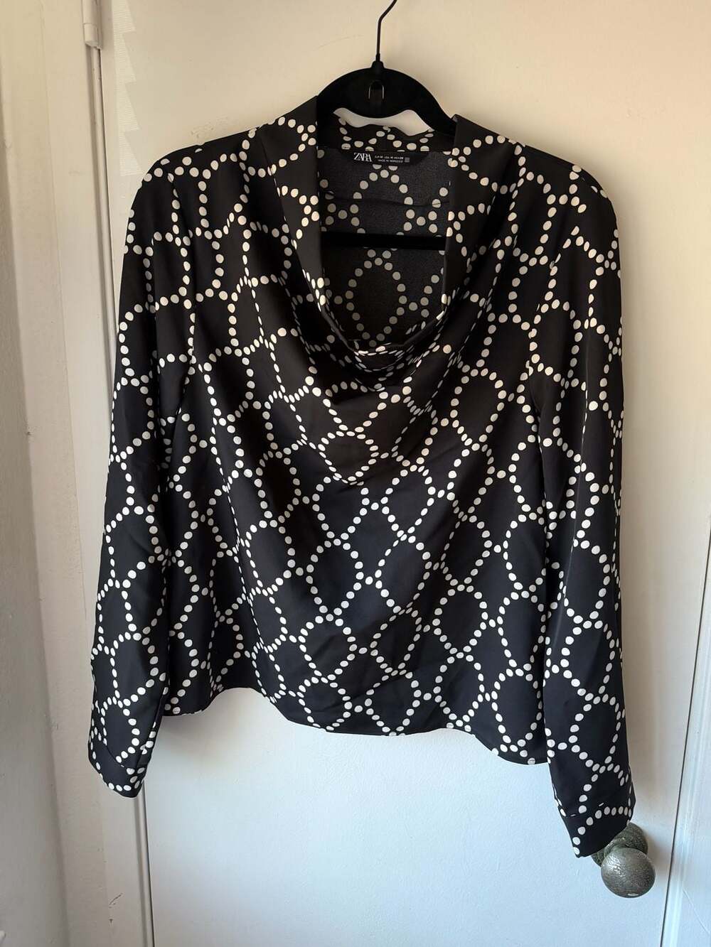 Zara Black and White Geometric Print Cowl Neck Long Sleeve Blouse